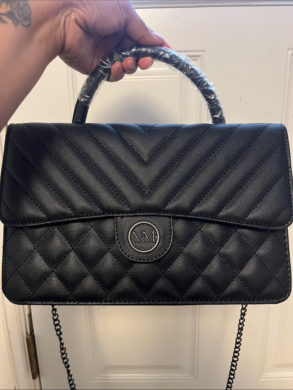 Marilyn Monroe Black Quilted Top-Handle Satchel with Chain Strap